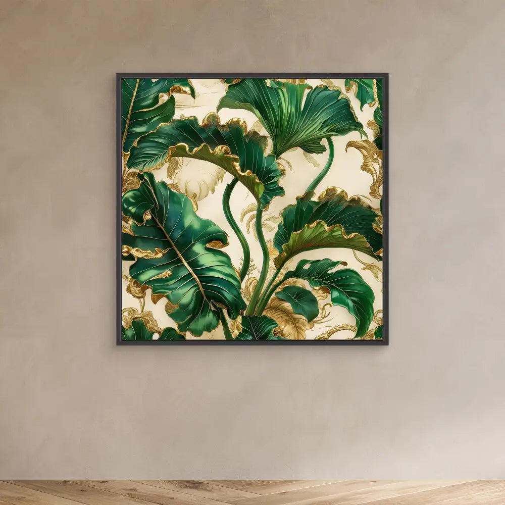 Framed artwork featuring vibrant green tropical leaves with gold accents on a cream background.