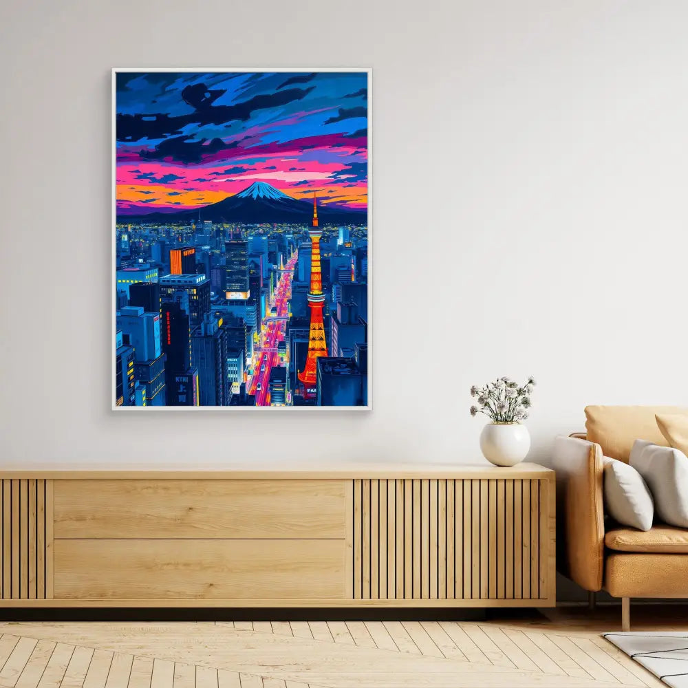 Framed artwork depicting a vibrant Tokyo cityscape at sunset with Mount Fuji in the background.