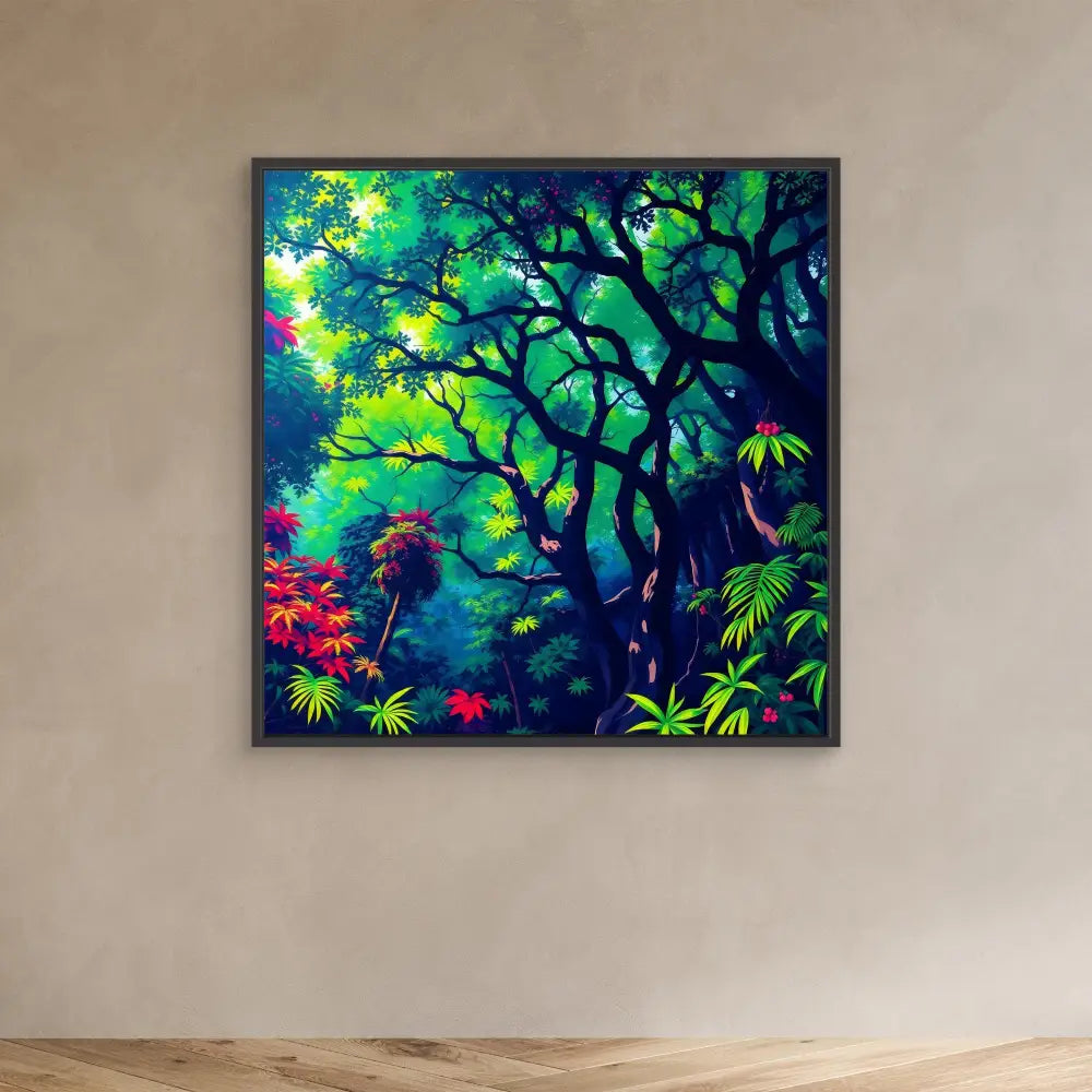 Framed artwork depicting a vibrant tropical forest scene with dark tree silhouettes and colorful foliage.