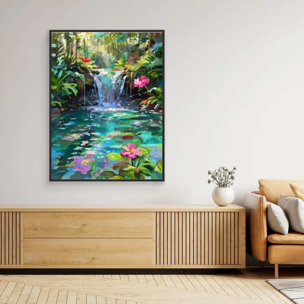 Framed artwork depicting a vibrant waterfall and lily pond in a tropical forest setting.