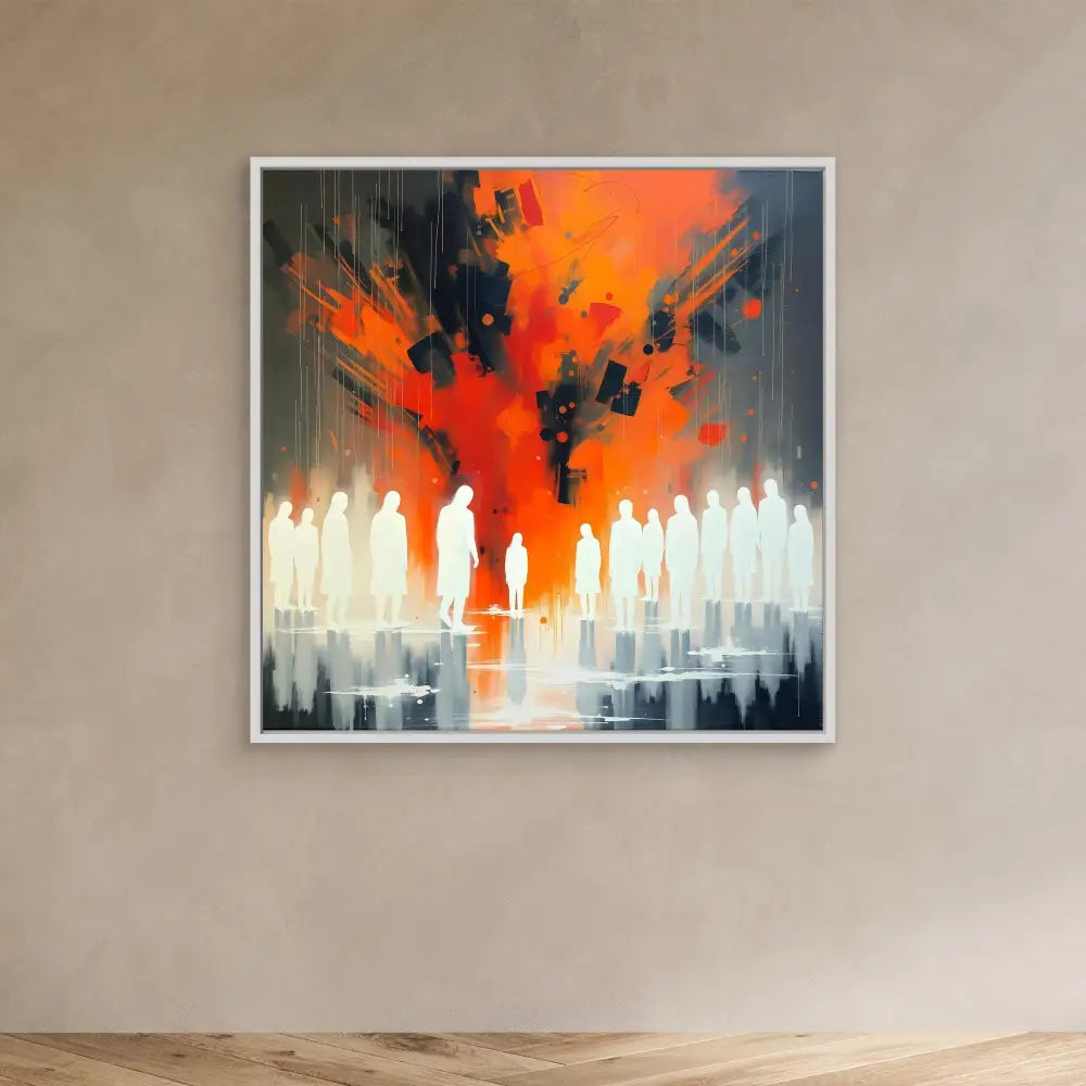 A framed artwork depicting white silhouettes against an orange and black sky.