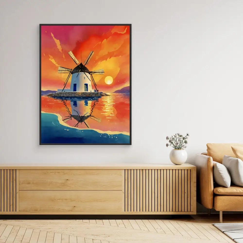 Framed artwork of a windmill reflecting in water against a vibrant orange sunset sky.