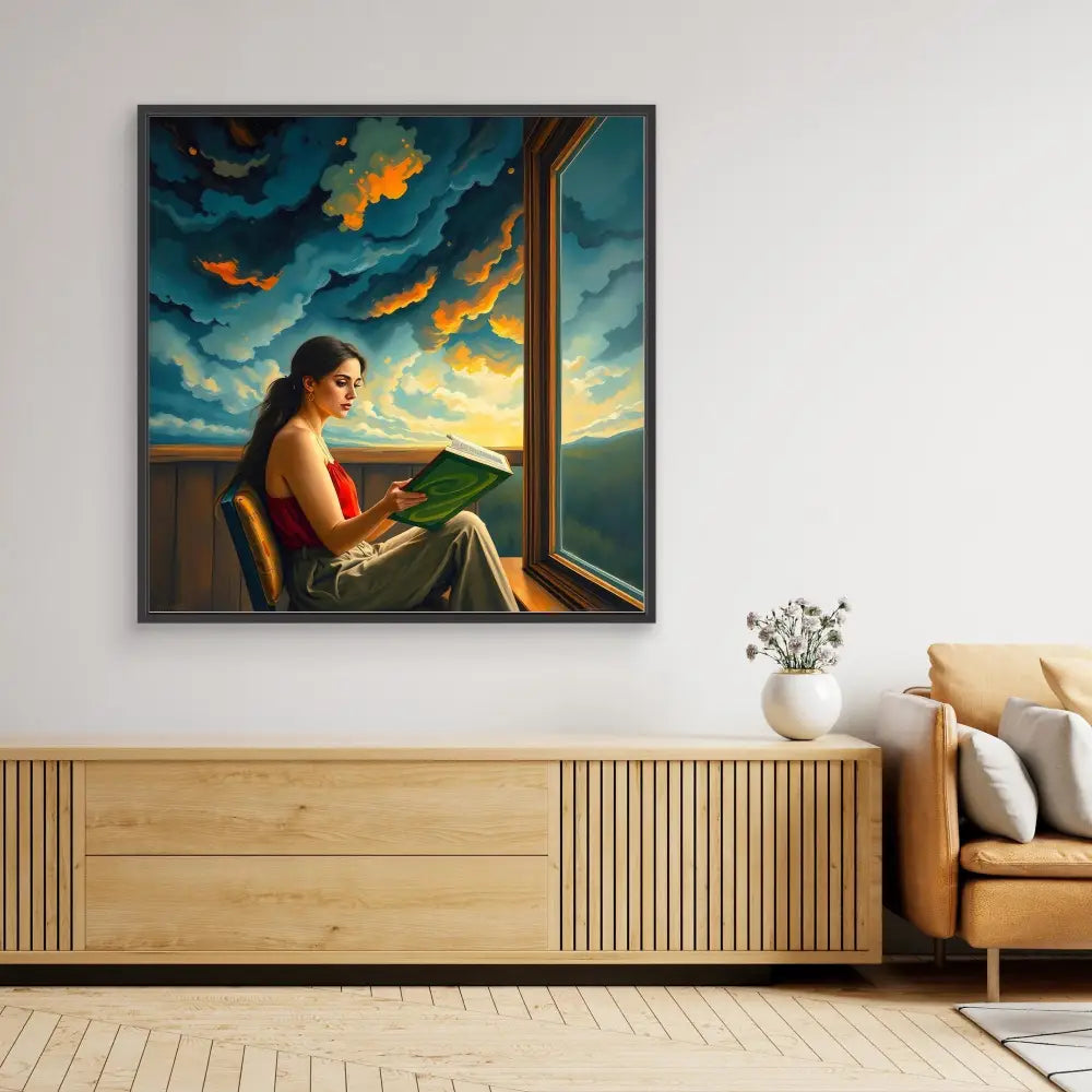 A framed artwork depicting someone reading by a window with a dramatic sunset sky filled with orange clouds.