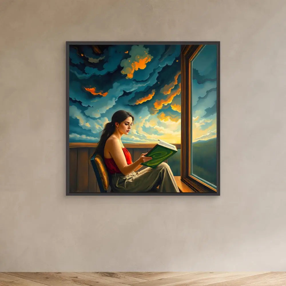 A framed artwork depicting someone reading by a window during sunset with dramatic orange clouds.