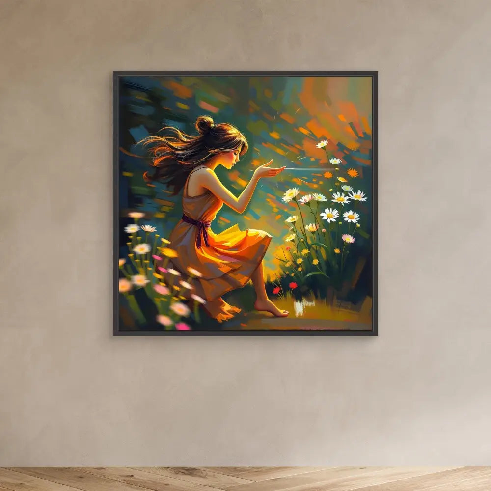 A framed artwork depicting a woman in an orange dress blowing flower petals in a whimsical scene.