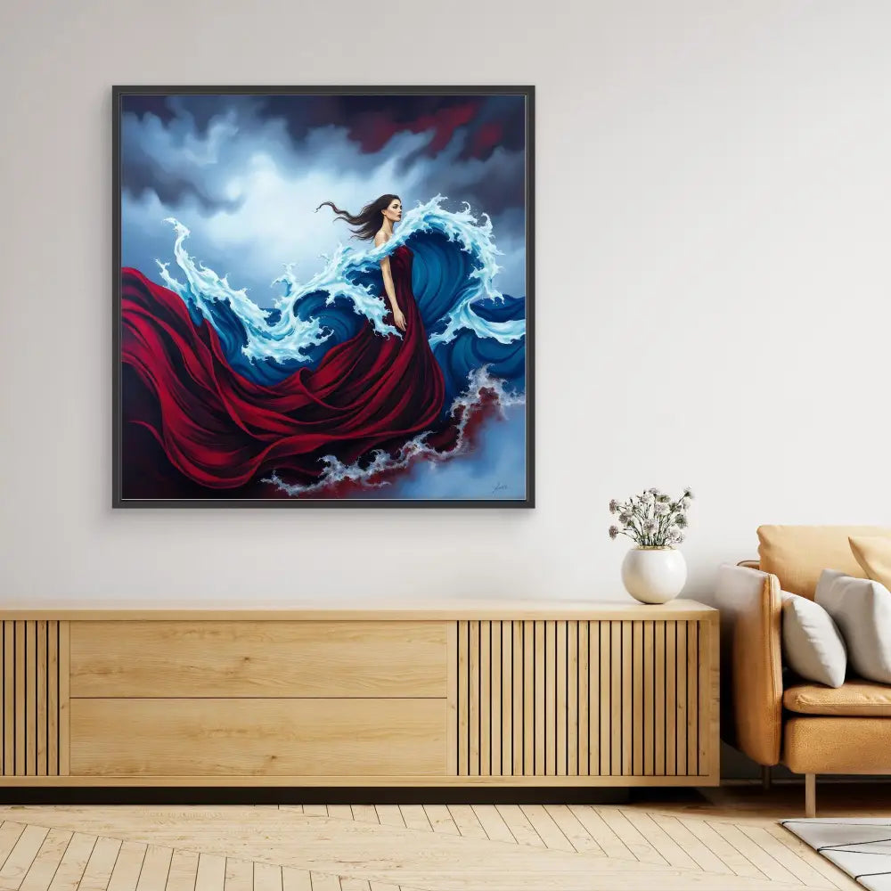 A framed artwork depicting a woman in a flowing red dress dancing among ethereal blue waves.