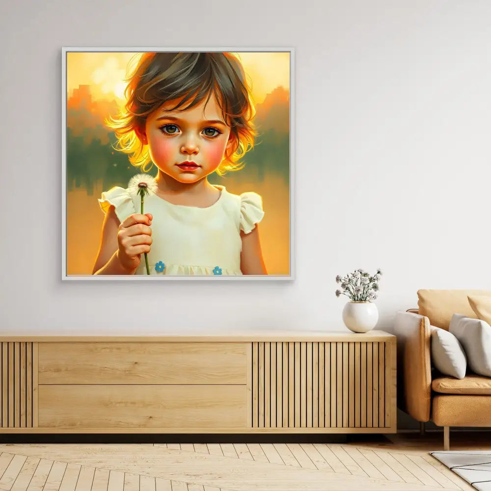 A framed artwork of a young child holding a dandelion, wearing a white dress with ruffled sleeves.