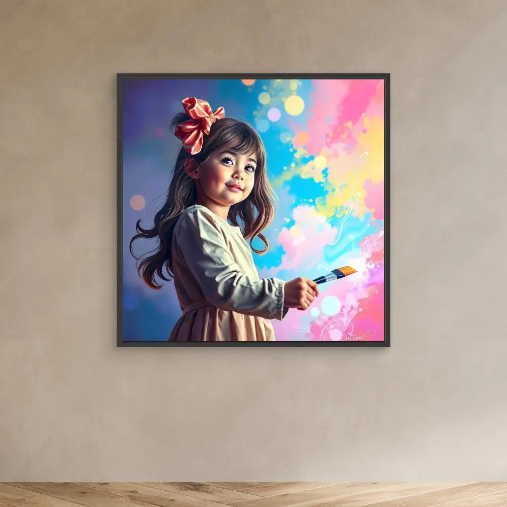 A framed artwork depicting a young girl with a pink bow holding what appears to be a paintbrush against a colorful backdrop.