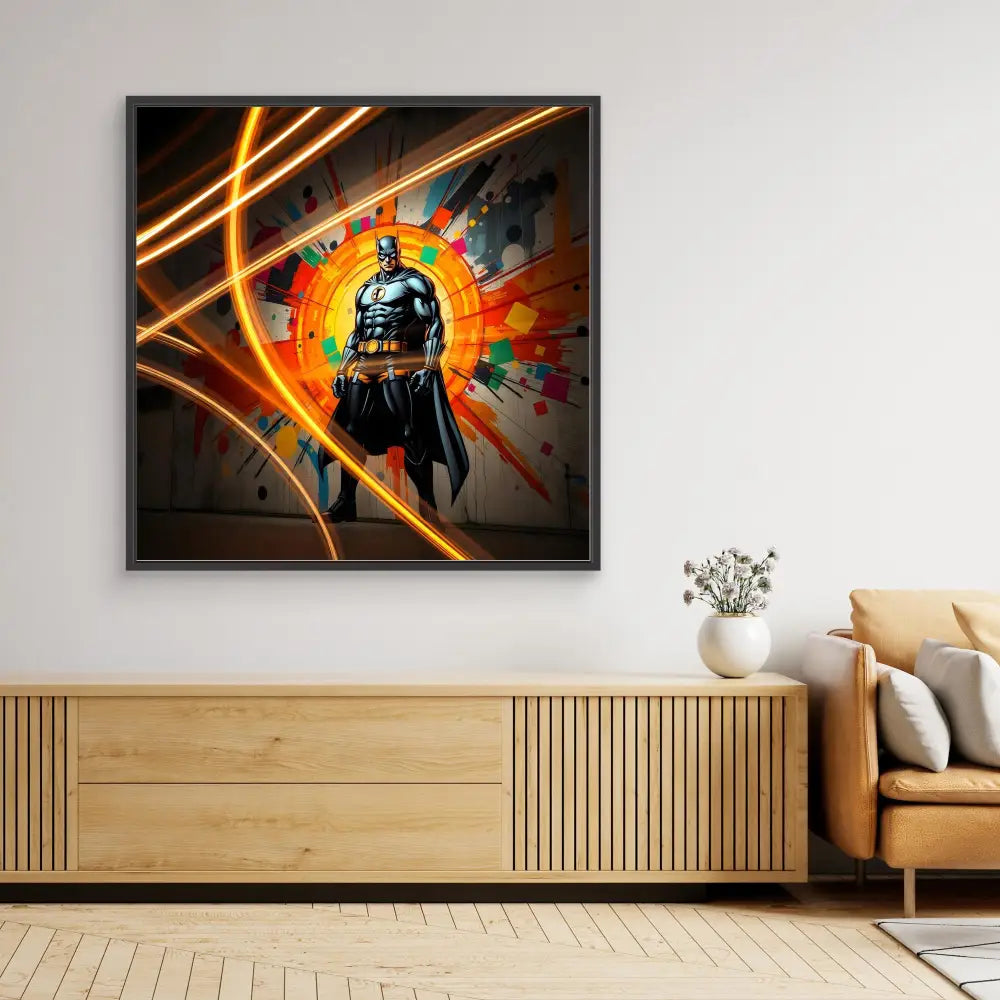 A framed Batman artwork featuring dynamic orange light rays and a colorful burst effect.