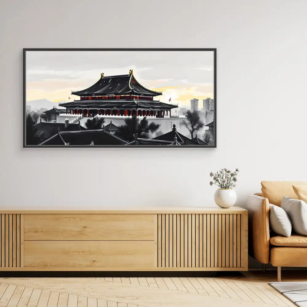 Framed black and white artwork of a traditional Chinese temple with gold accents.