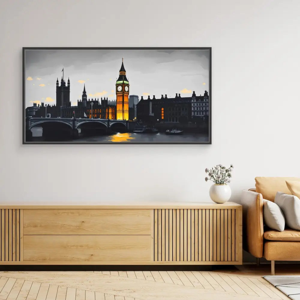 A framed black and white photograph of London’s Big Ben and Parliament at dusk with glowing lights reflected on the Thames.