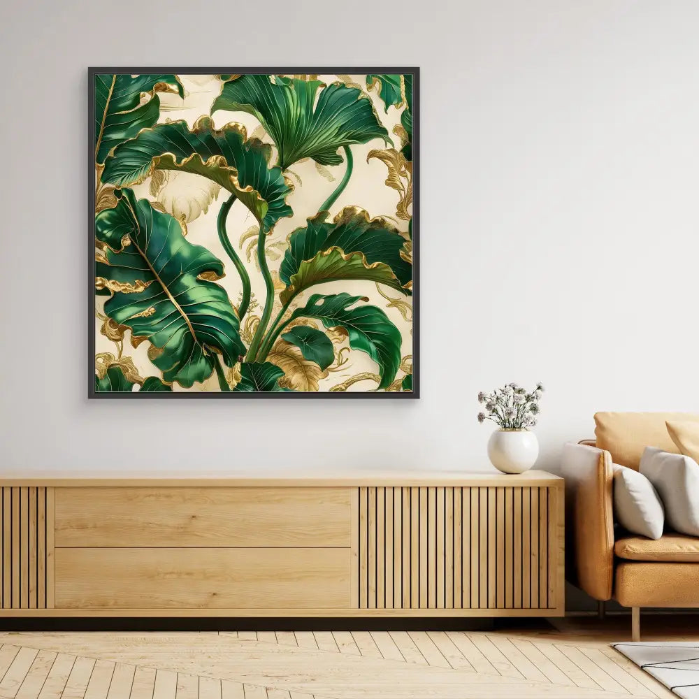 Framed botanical artwork featuring lush green leaves with gold accents.