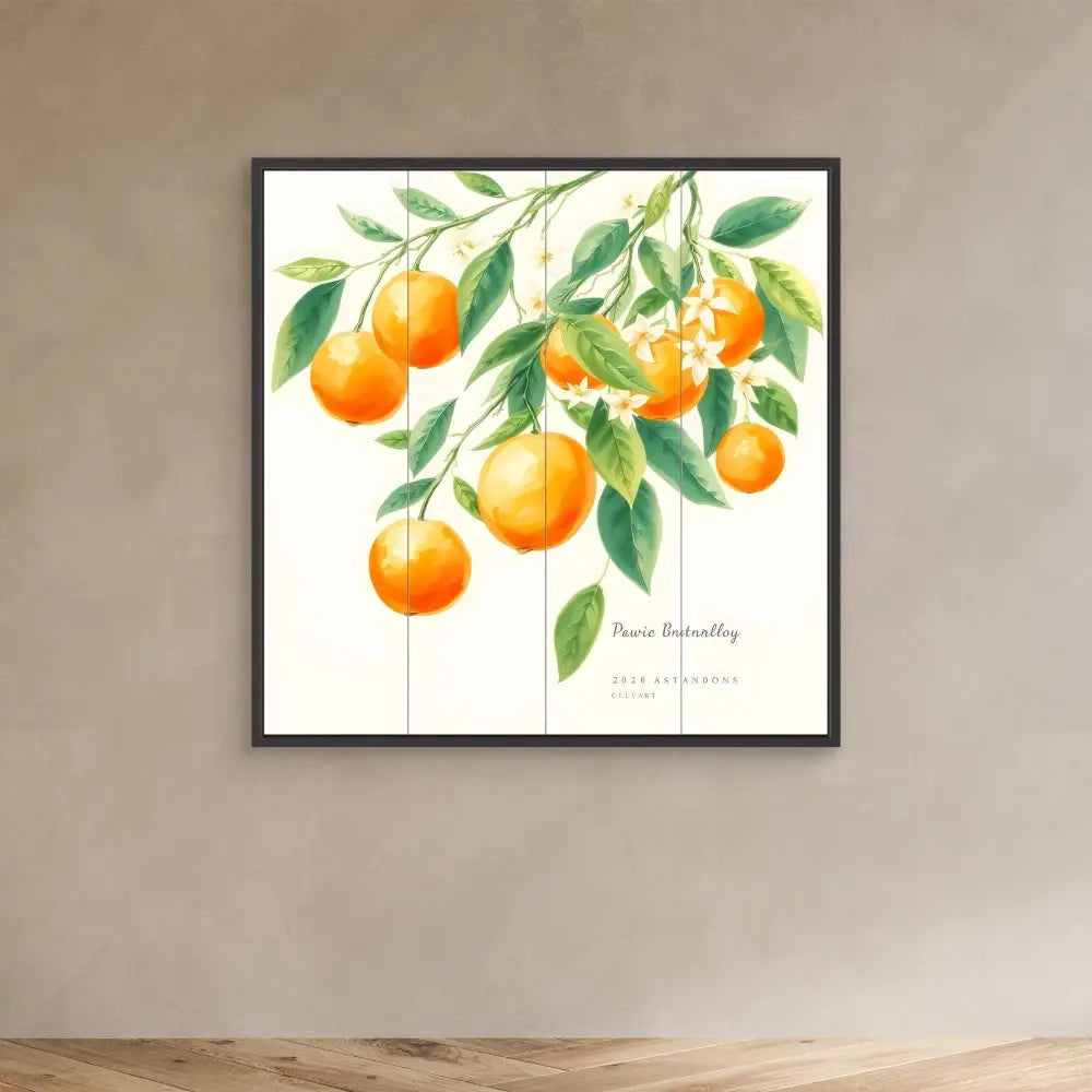 Framed botanical artwork showing oranges and green leaves on branches.