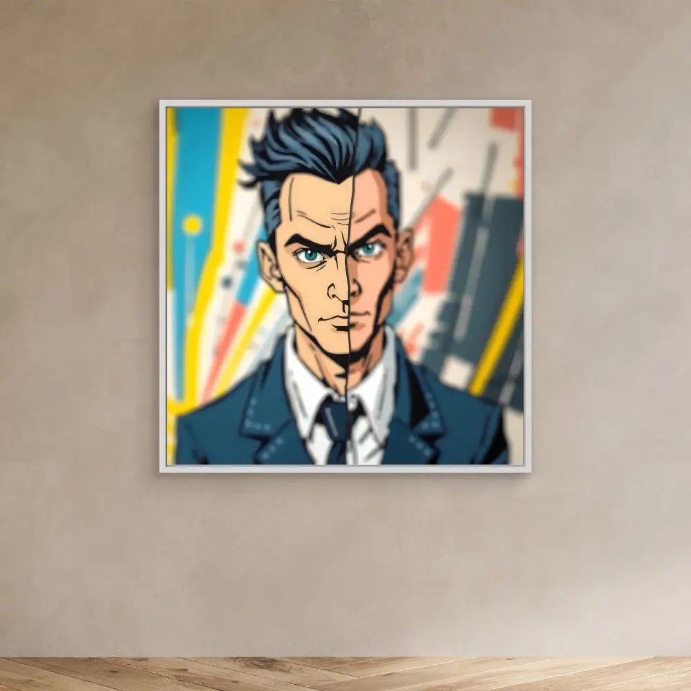 A framed cartoon portrait of a stern-looking businessman with dark spiky hair against a colorful abstract background.