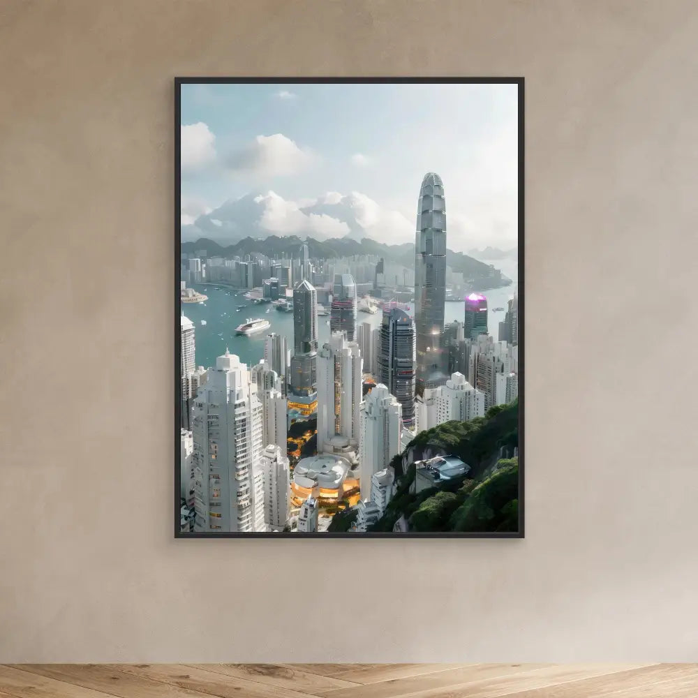 Framed cityscape artwork of Hong Kong’s iconic skyline and harbor.