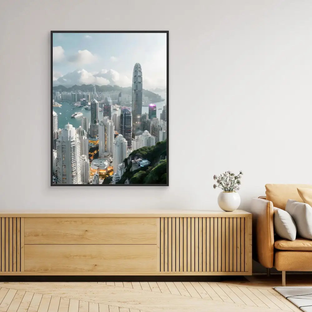 Framed cityscape photograph of Hong Kong’s iconic skyline mounted above a wooden credenza.