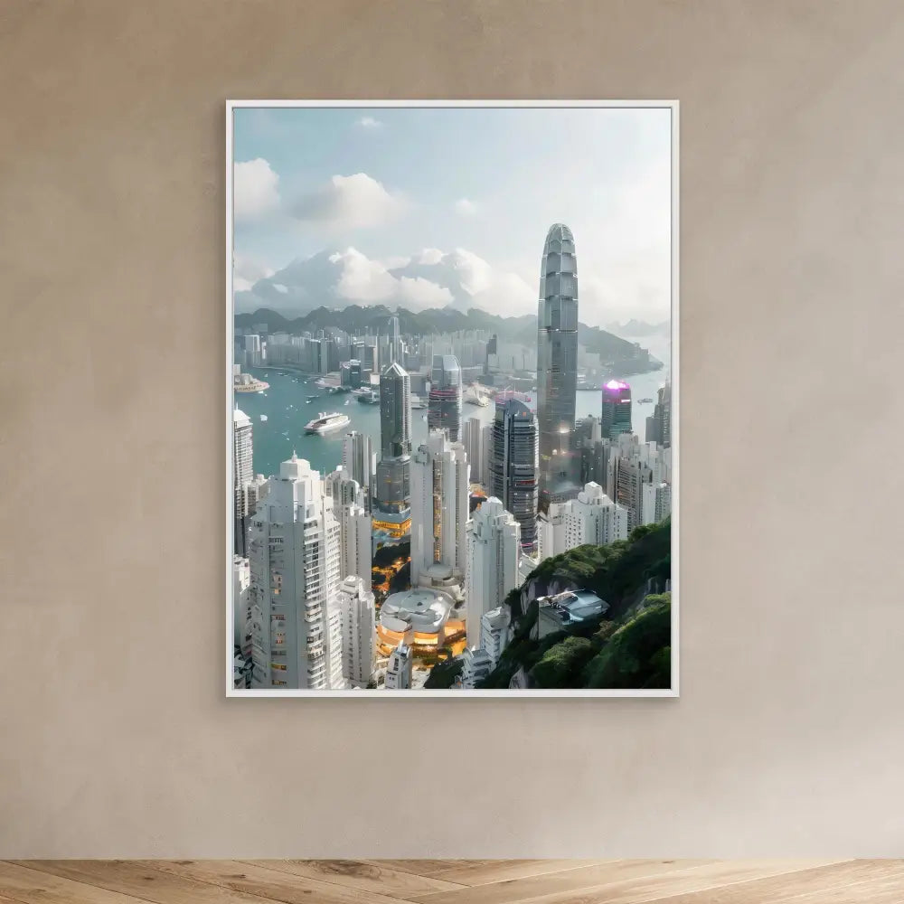 Framed cityscape photograph of Hong Kong’s iconic skyline and harbor.