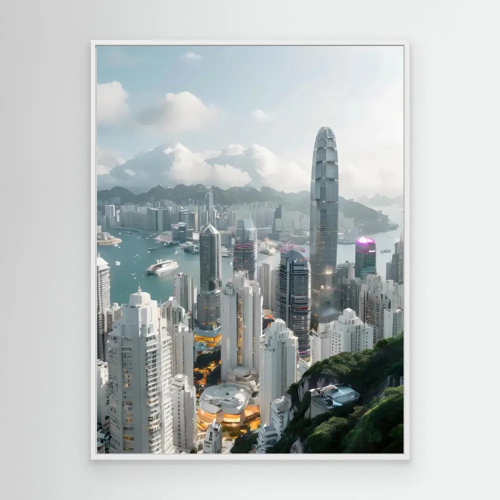 A framed cityscape photograph of Hong Kong’s iconic skyline.