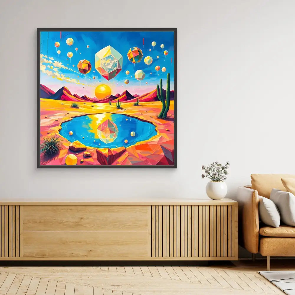 Framed colorful artwork depicting hot air balloons floating over a desert landscape with a reflective pool.