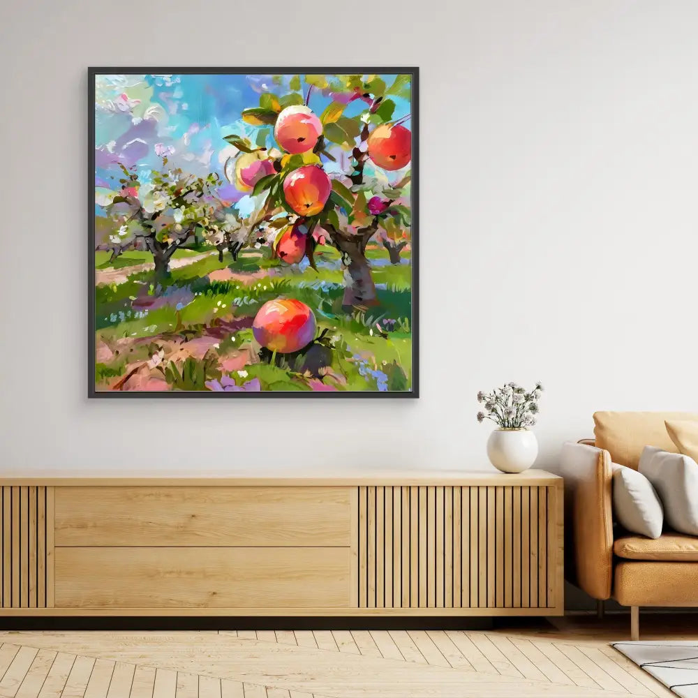 Framed colorful painting of apple trees with ripe fruit in an orchard.