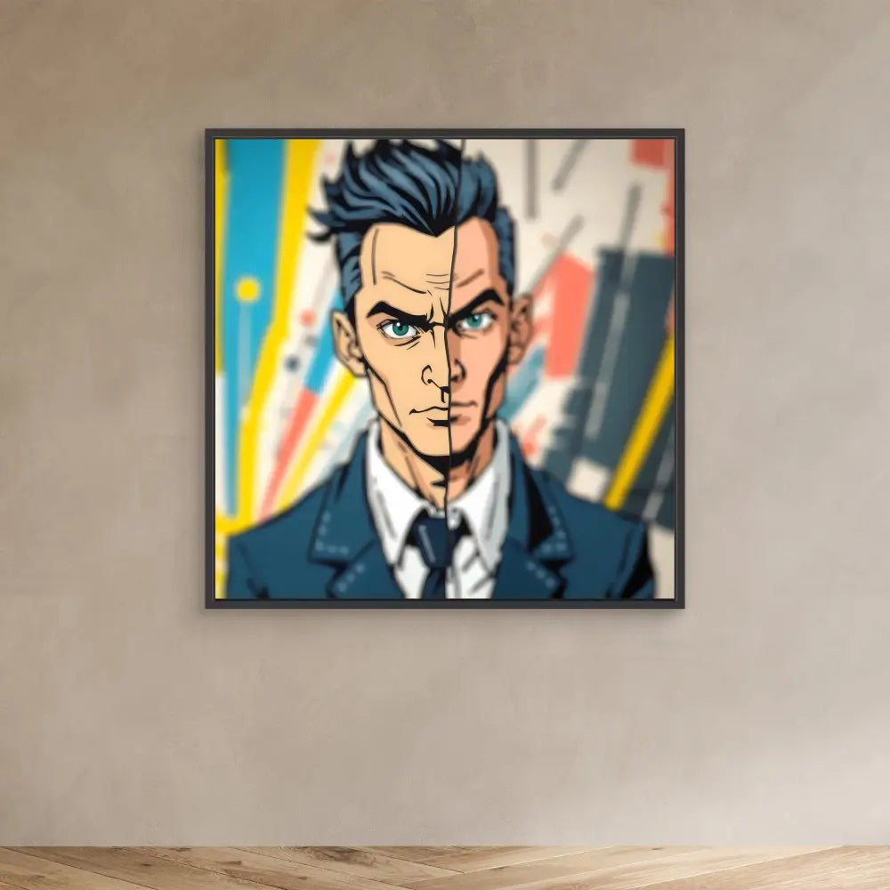 Framed comic-style artwork of a stern businessman with dark spiky hair and intense blue eyes.