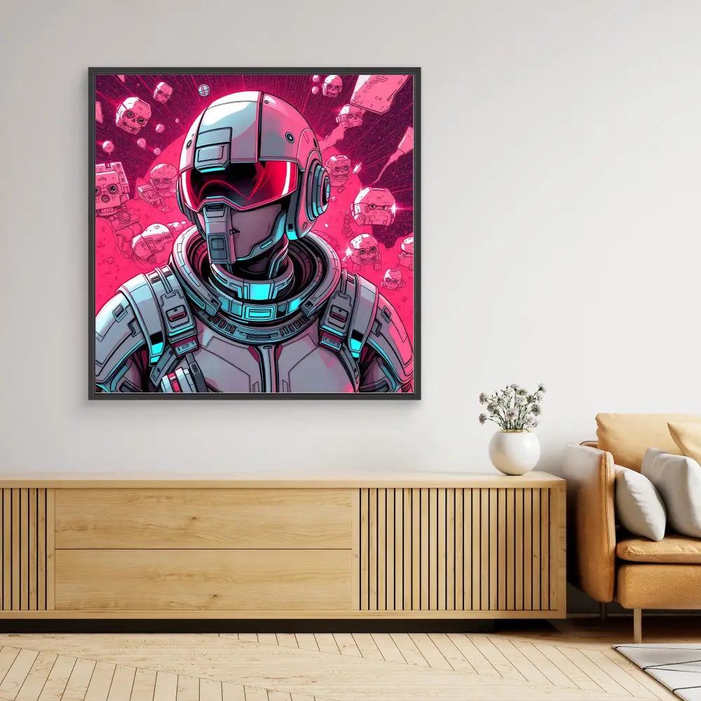 Framed cyberpunk-style artwork of a helmeted futuristic soldier against a pink background.