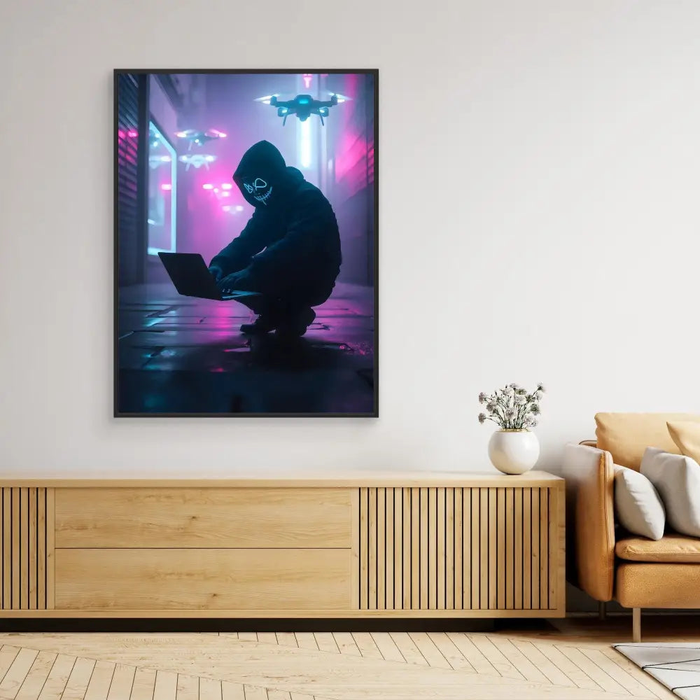 Framed cyberpunk-style artwork showing a hooded figure crouching with a laptop while drones hover above.