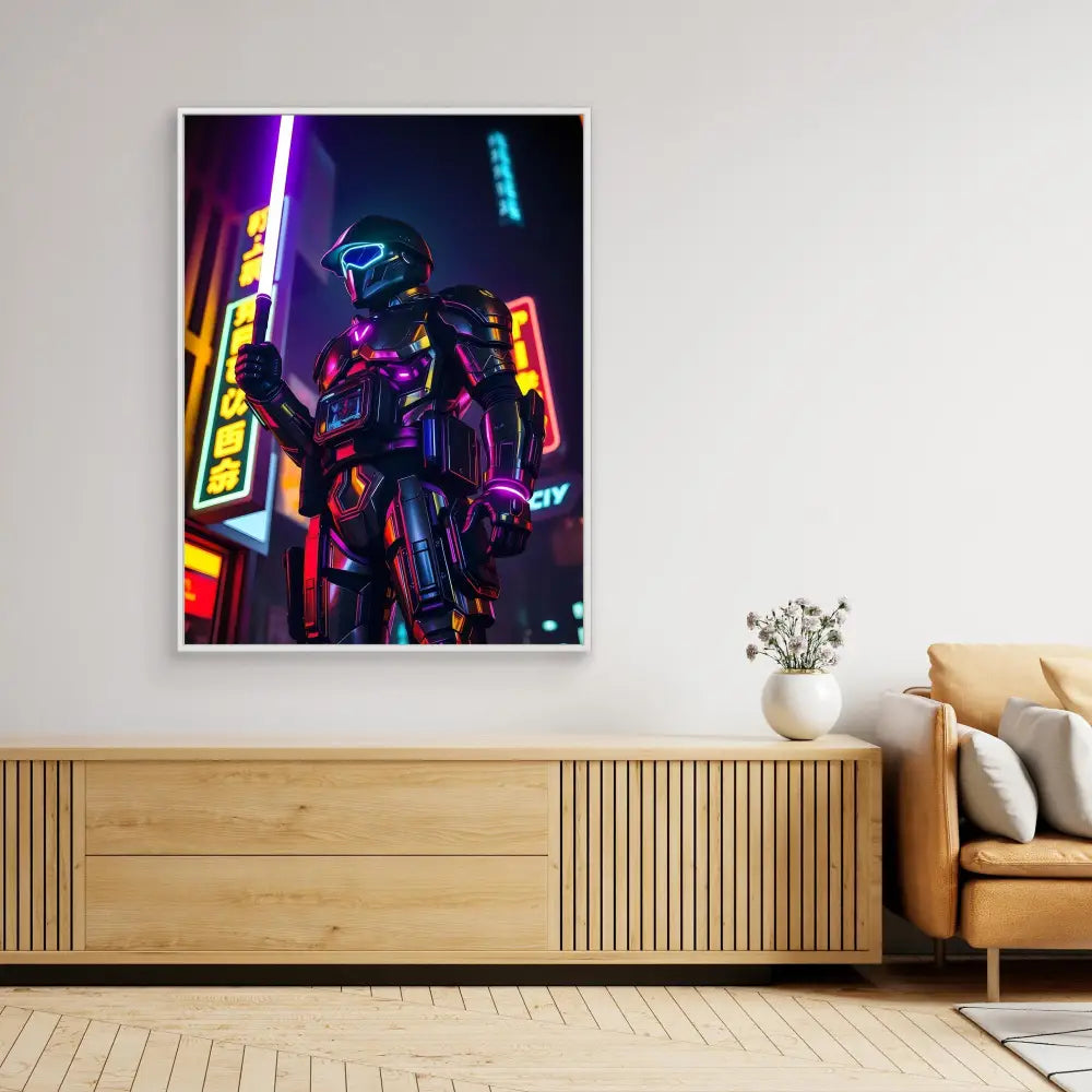 A framed cyberpunk-style artwork featuring a neon-lit robotic figure mounted on a wall.