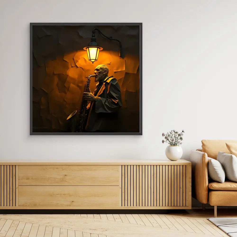 A framed dark artwork depicting a plague doctor under an amber streetlight.