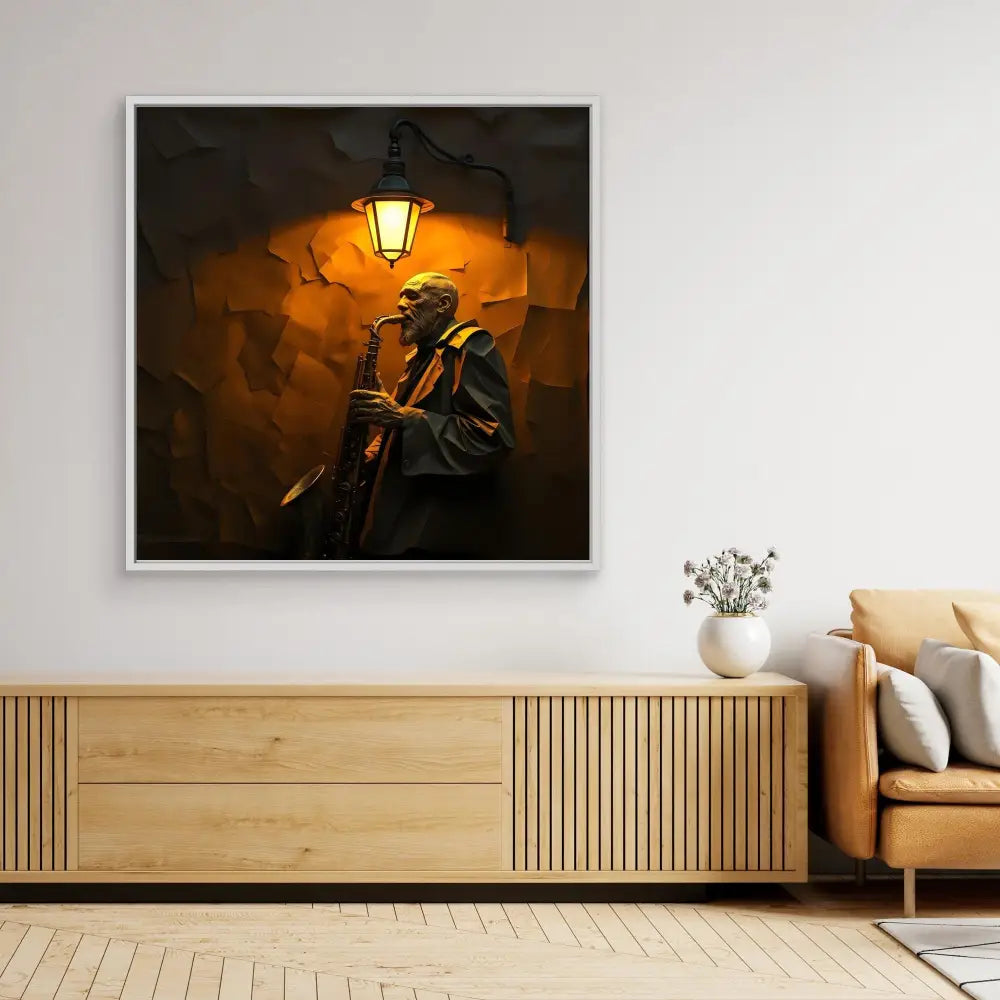 A framed dark artwork featuring a plague doctor under a glowing street lamp.