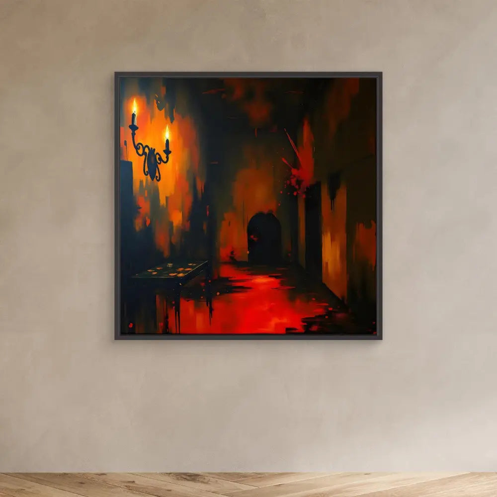 A framed dark painting featuring a dimly lit corridor with glowing orange and red tones.