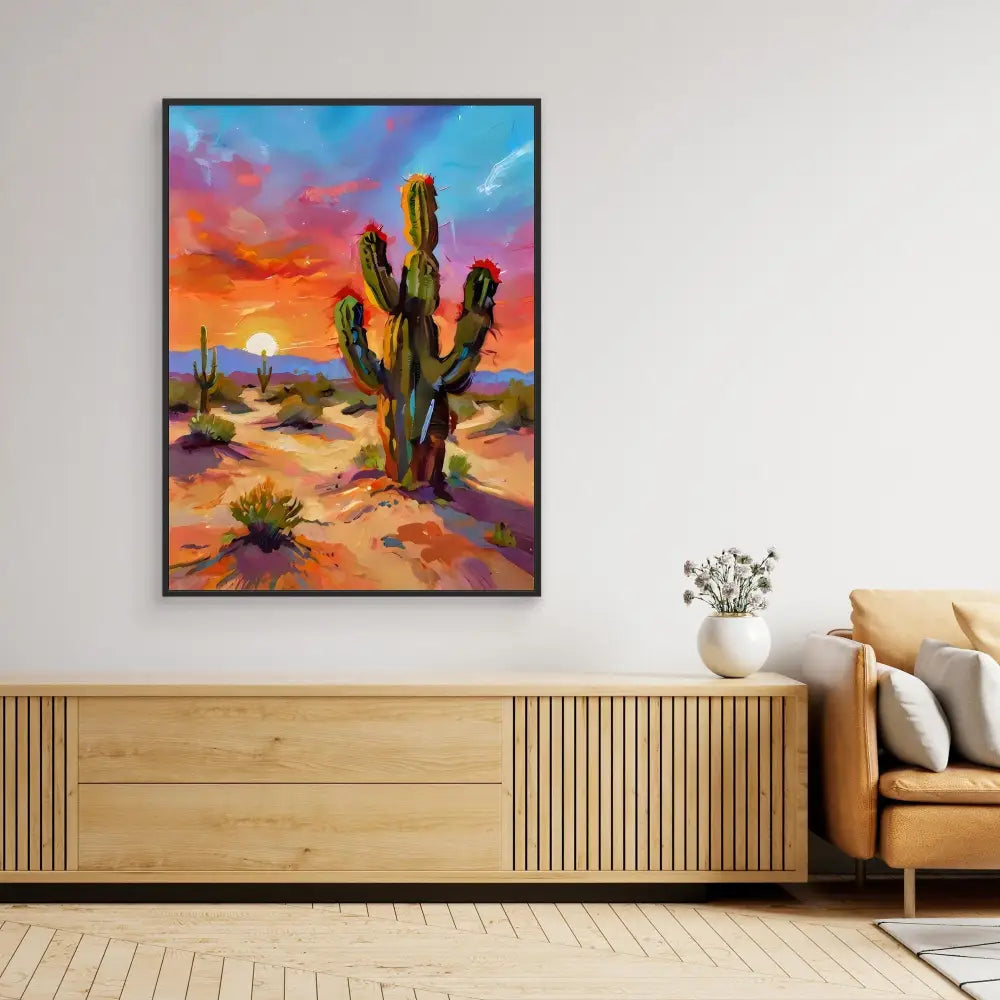 Framed desert landscape painting featuring a saguaro cactus against a vibrant sunset sky.