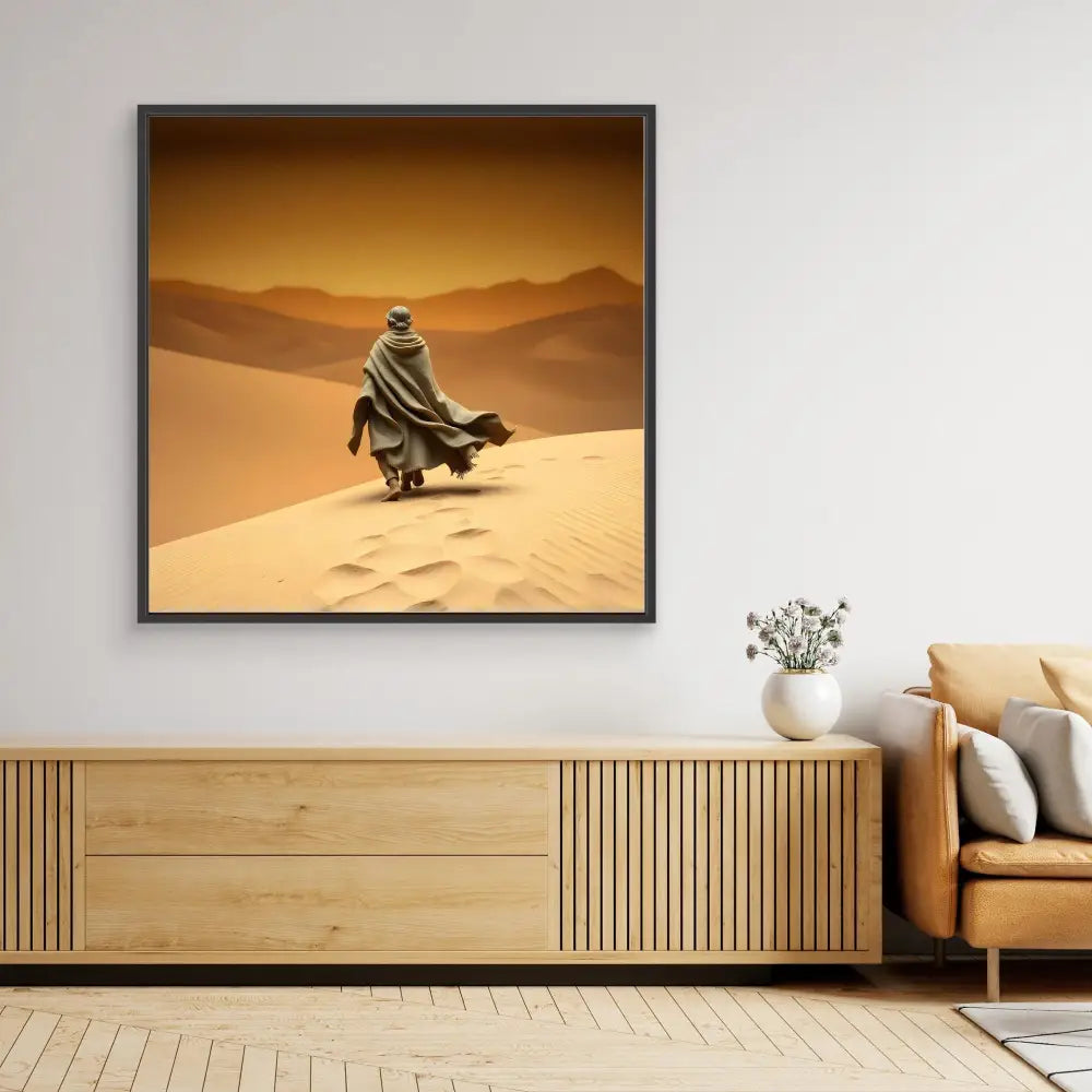 A framed desert photograph showing a robed figure walking across sand dunes at sunset.