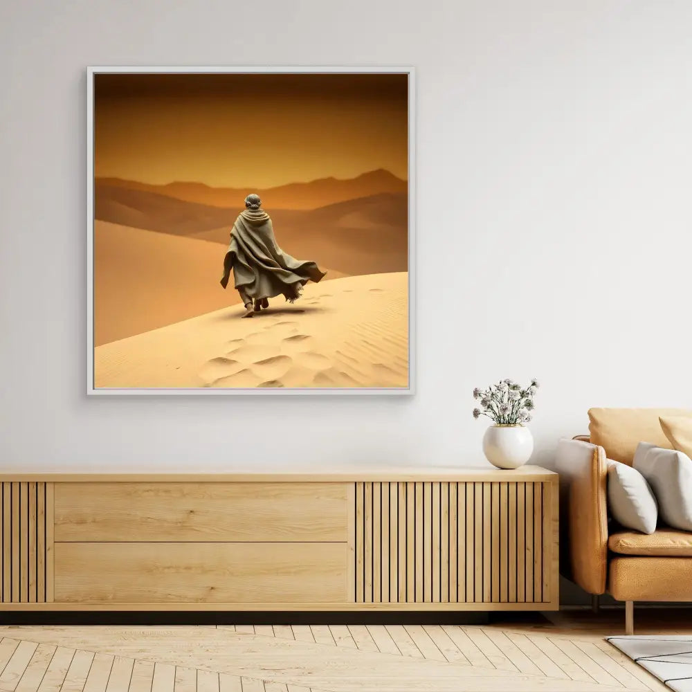 A framed desert photograph showing a robed figure walking across sand dunes.