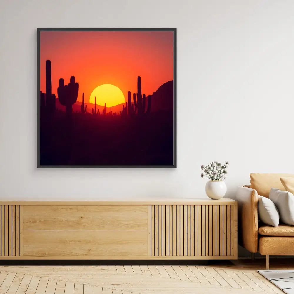 Framed desert sunset artwork featuring silhouetted saguaro cacti against an orange sky.