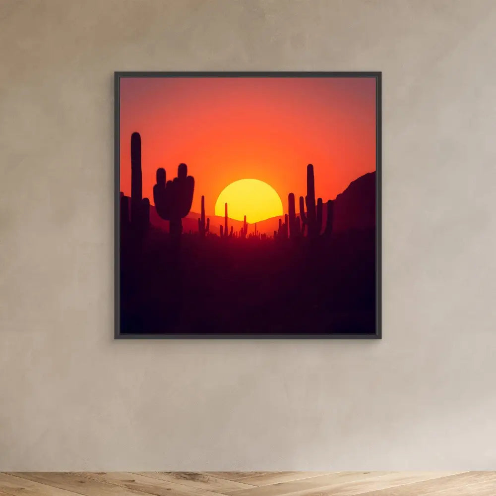 Framed desert sunset photograph with silhouetted saguaro cacti against an orange sky.