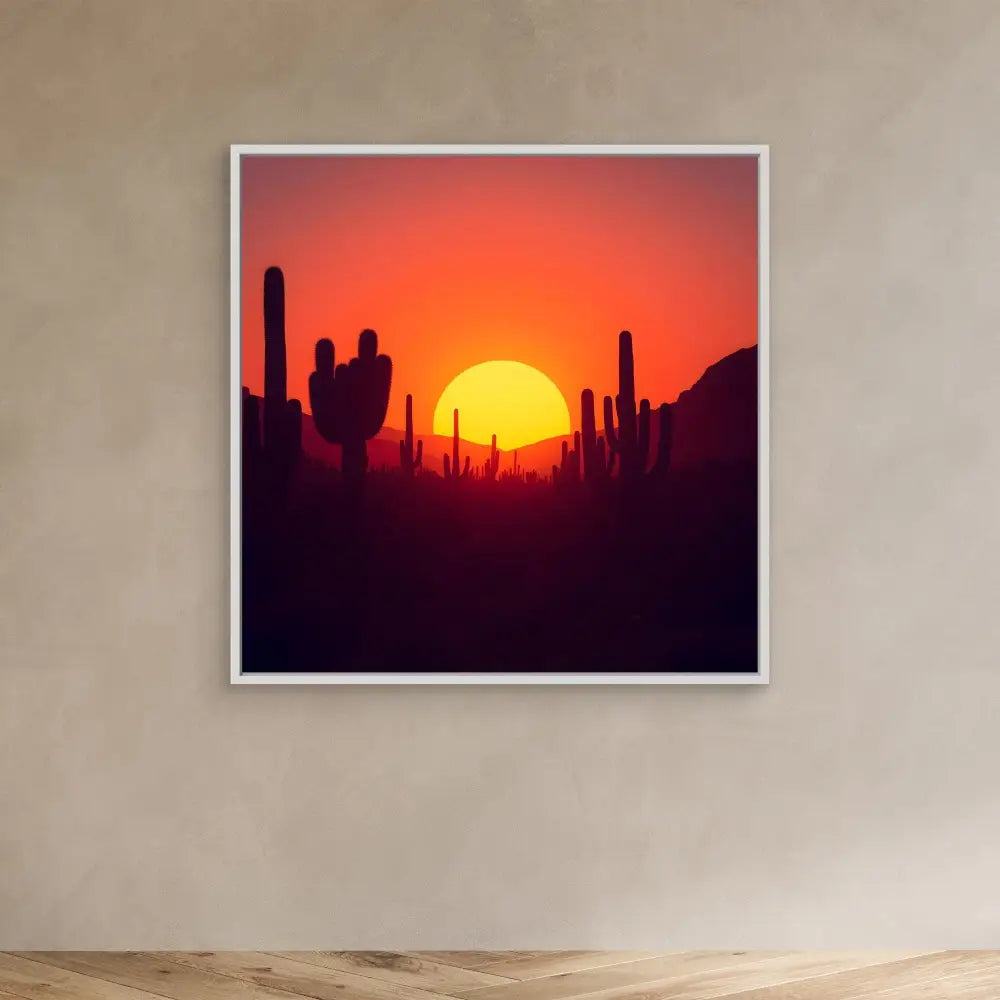 Framed desert sunset photograph with silhouetted saguaro cacti against an orange sky.