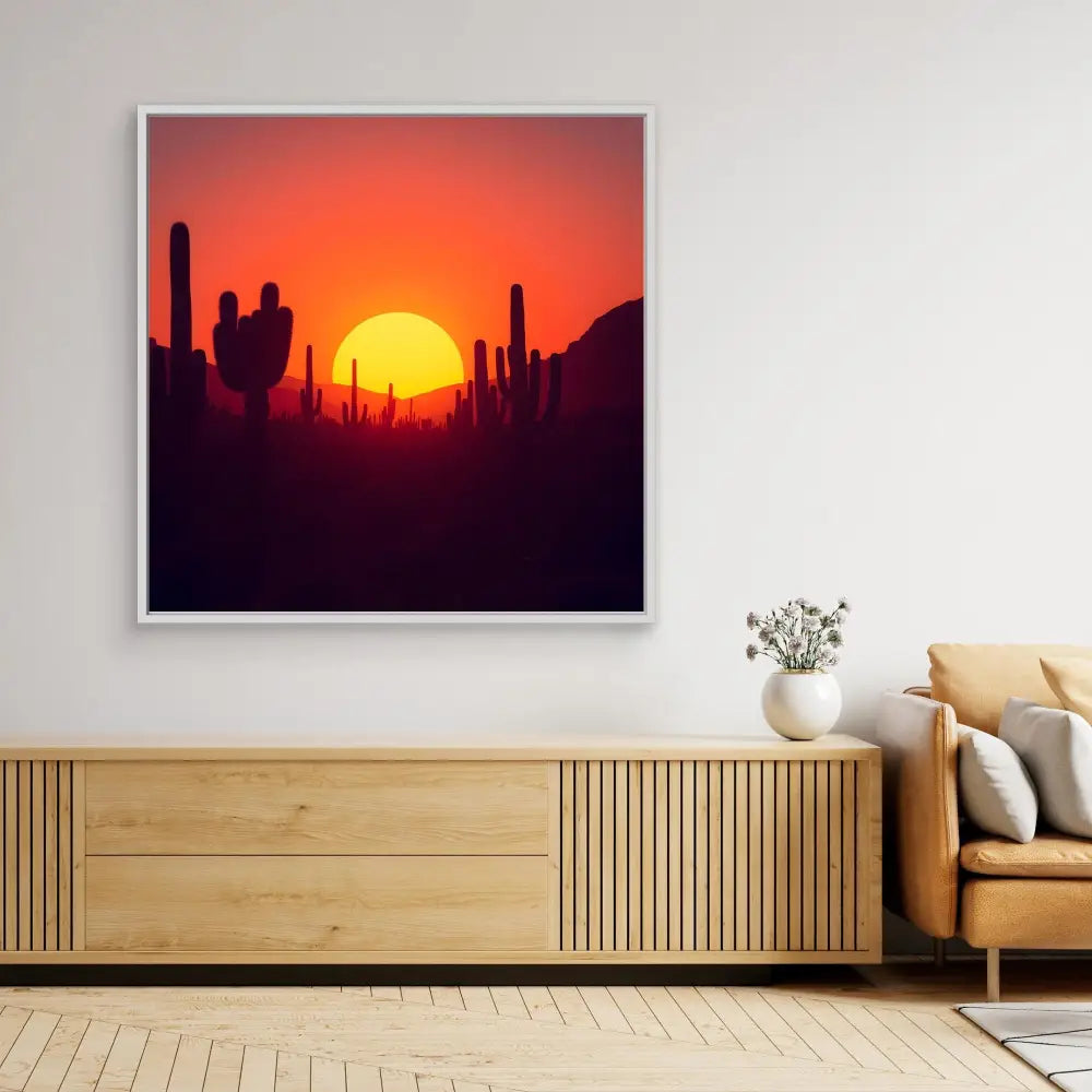 Framed desert sunset photograph with silhouetted saguaro cacti against an orange sky.