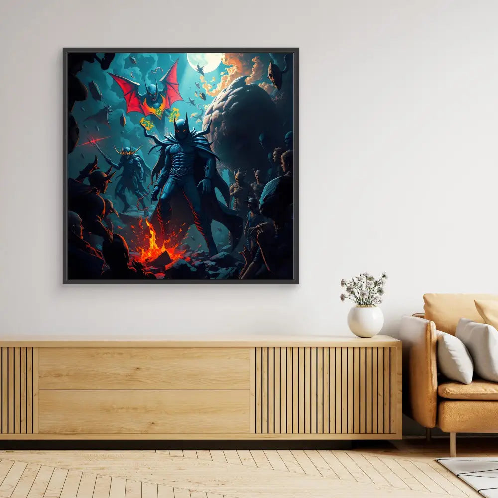 A framed fantasy art piece depicting a dark armored figure amid swirling colors and flames.