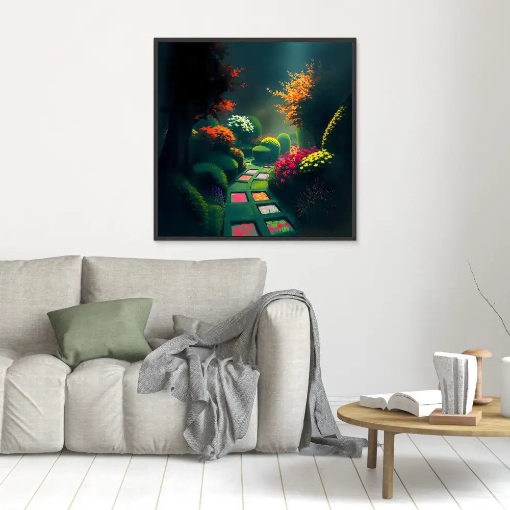 A framed fantasy artwork featuring a glowing path through colorful magical plants.