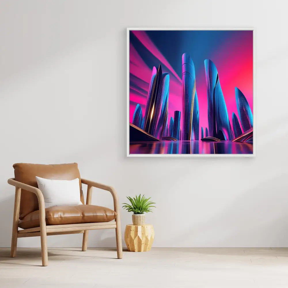 Framed futuristic cityscape artwork with neon pink and blue skyscrapers.