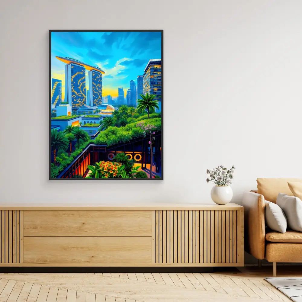 A framed futuristic cityscape artwork featuring vibrant blues, yellows and lush greenery.