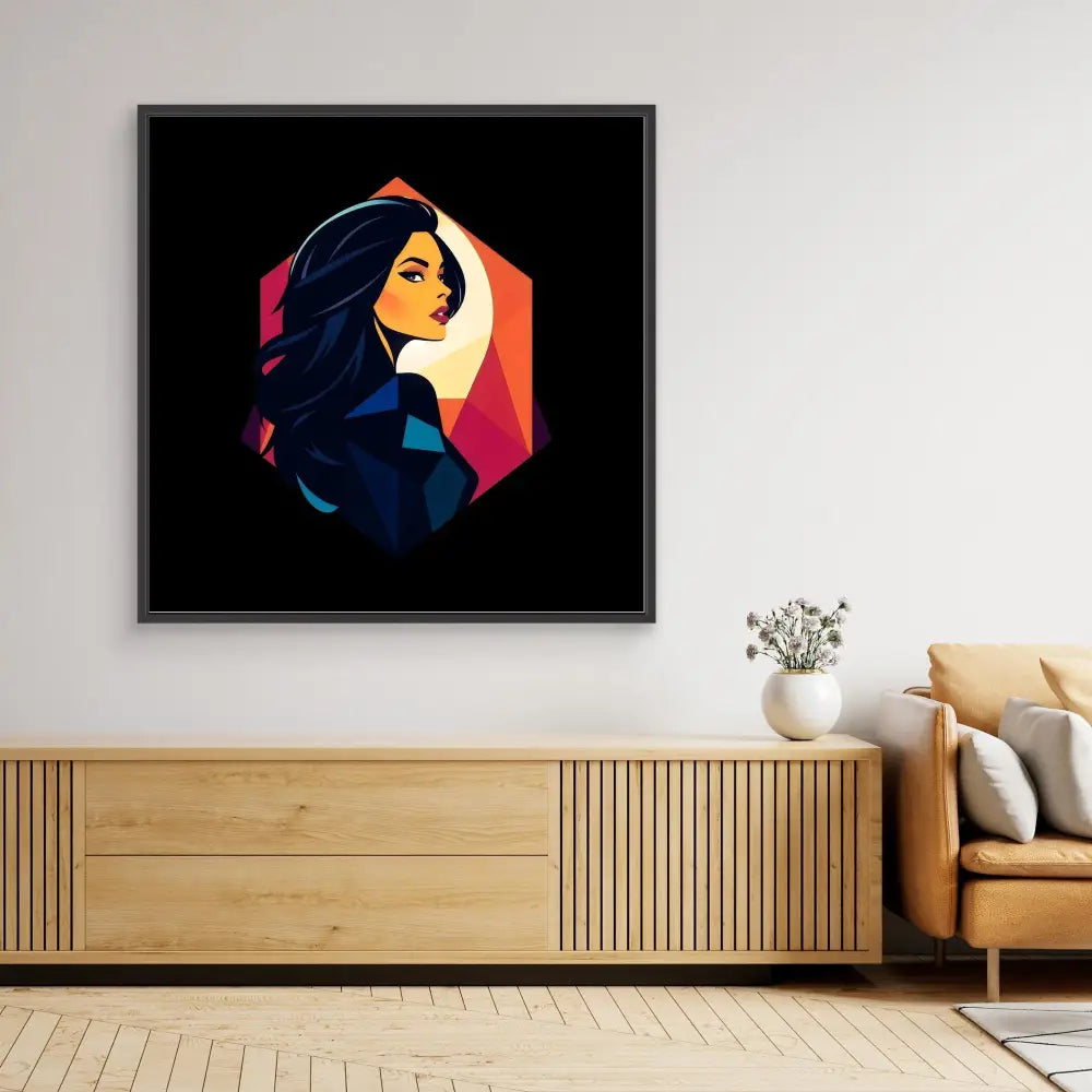 Framed geometric artwork featuring a stylized profile portrait against vibrant orange and pink gradients.