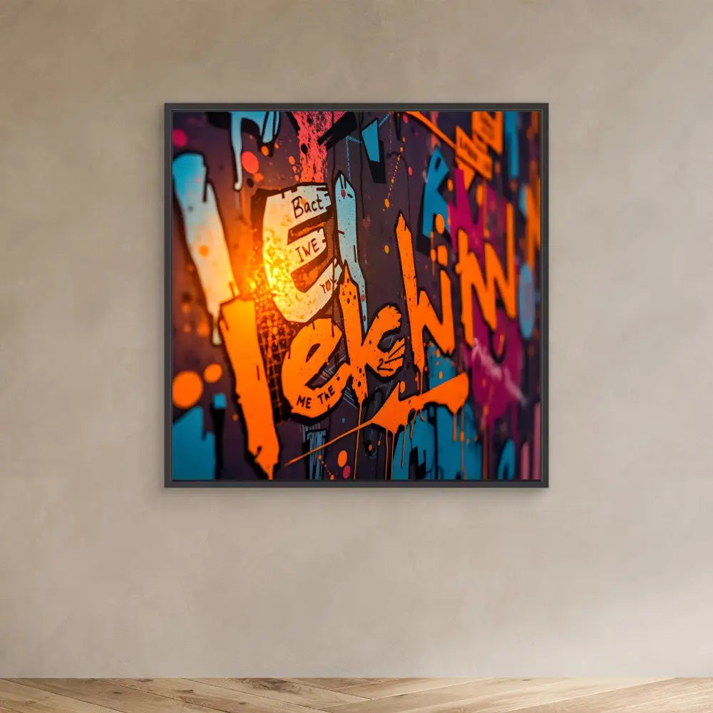 Framed graffiti artwork featuring vibrant orange text against a blue and multicolored background.