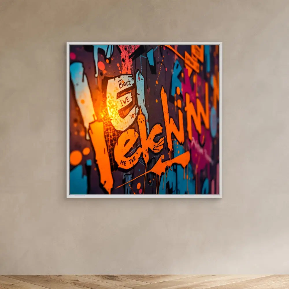 Framed graffiti artwork featuring vibrant orange text against colorful spray-painted designs.