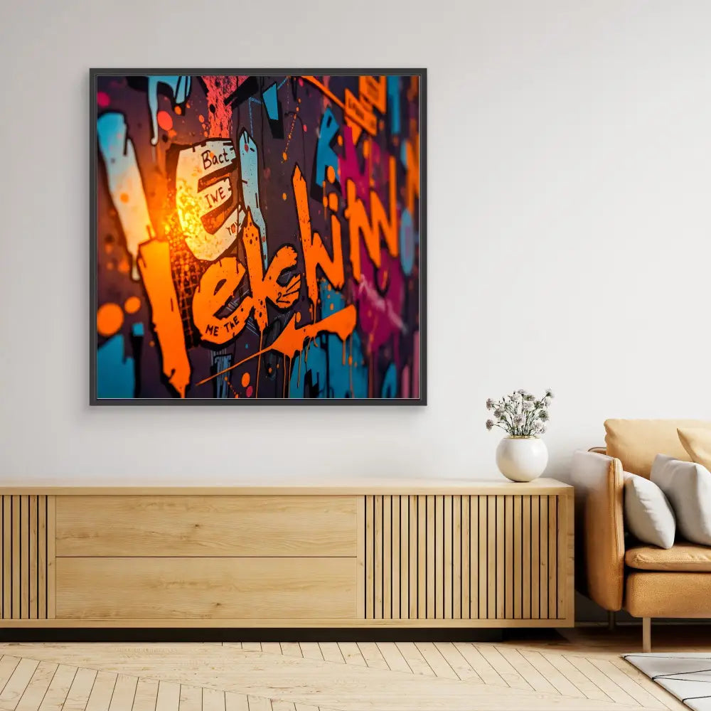 Framed graffiti-style artwork featuring vibrant orange text against blue and purple tones.