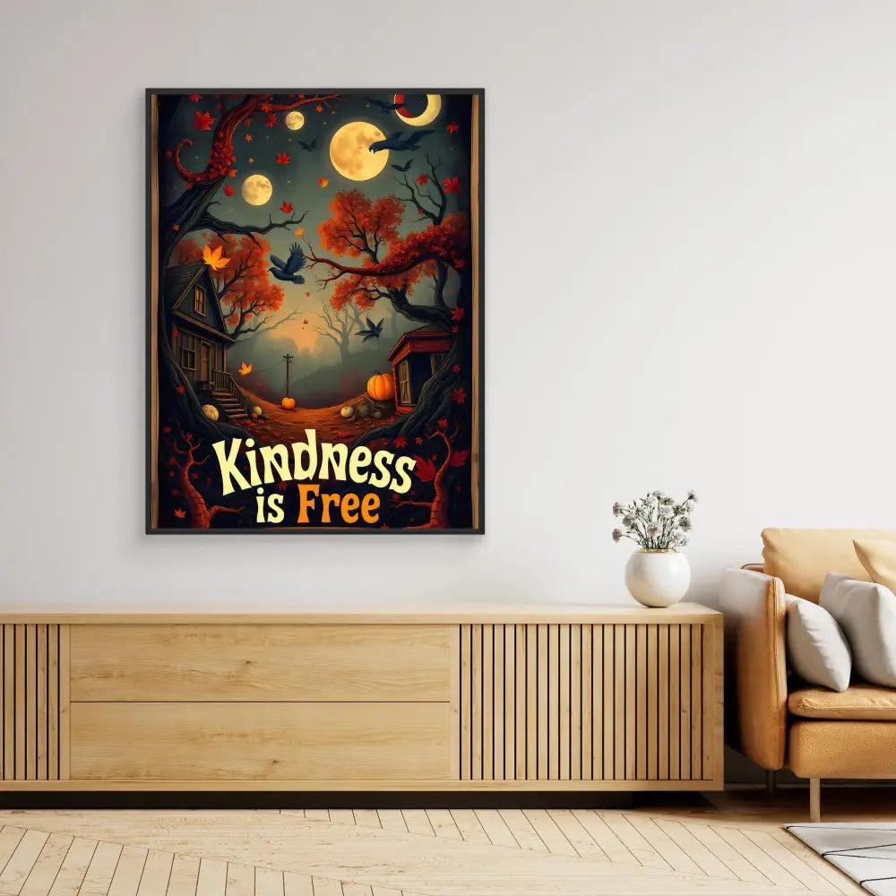 A framed Halloween-themed artwork with text reading ’Kindness is Free’ against a dark autumn scene with moons, pumpkins, and flying birds.