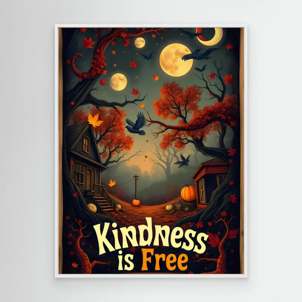 A framed Halloween-themed artwork with the text ’Kindness is Free’ set against an autumn night scene.