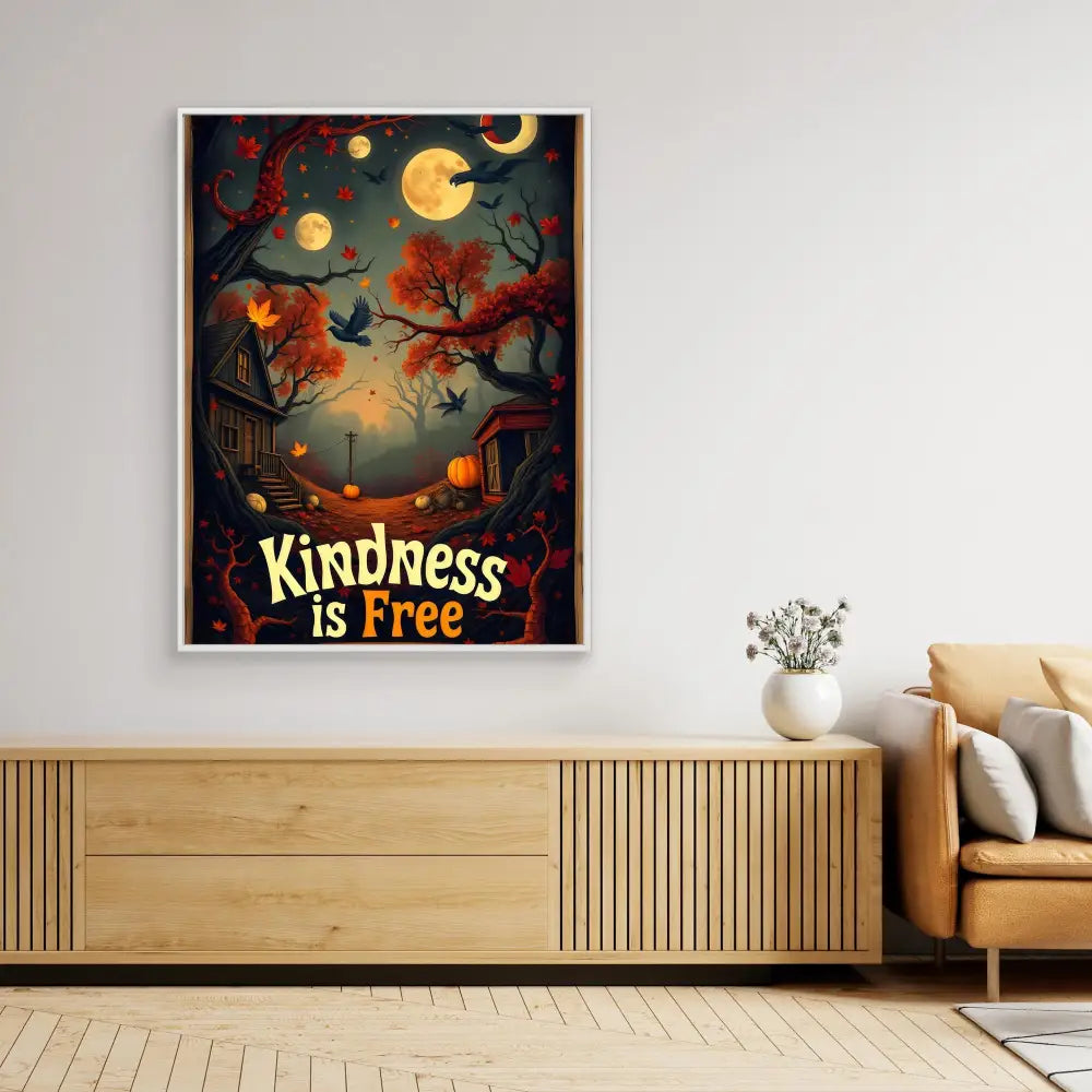 A framed Halloween-themed artwork with text reading ’Kindness is Free’ against a spooky nighttime scene with orange moons and black birds.