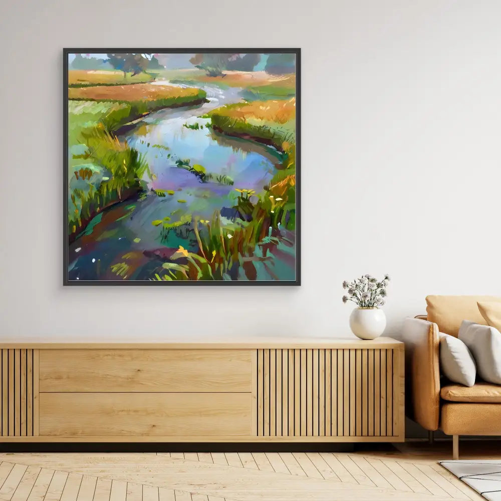 A framed impressionist painting of a winding river through marshland.